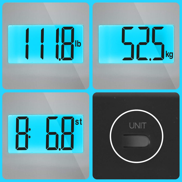 Duronic BS103 digital body scales LD screen with unit button to switch between pounds, kilograms, and stones