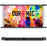 Duronic Bar Projector Screen  displaying a vibrant, colorful crowd scene, shown both fully extended and rolled up for portable storage.