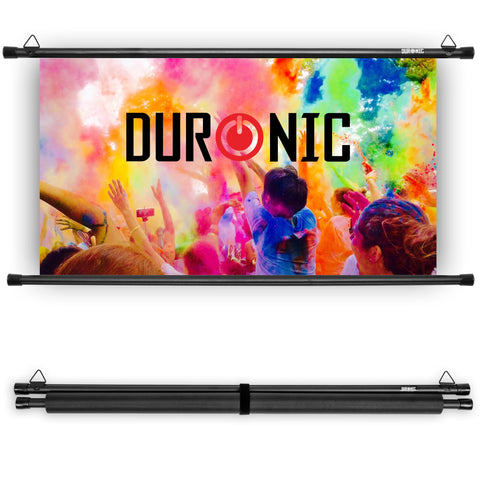 Duronic Bar Projector Screen shown both fully extended with a vibrant color splash image and rolled up for compact storage.