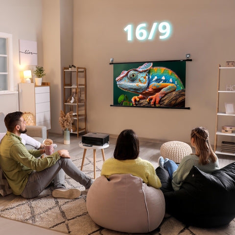 Duronic Bar Projector Screen with 3 friends enjoy a movie night in a cozy living room