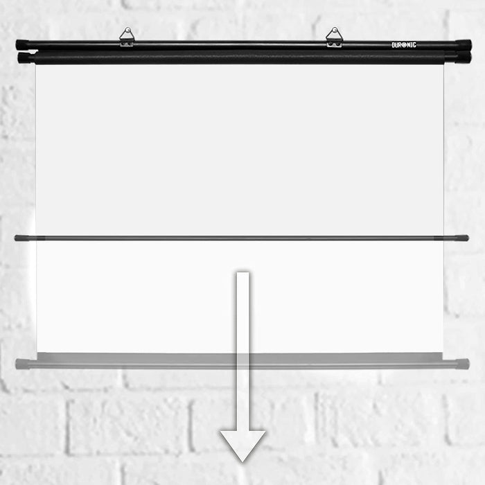Duronic Bar Projector Screen with a black frame and a downward arrow showing extension
