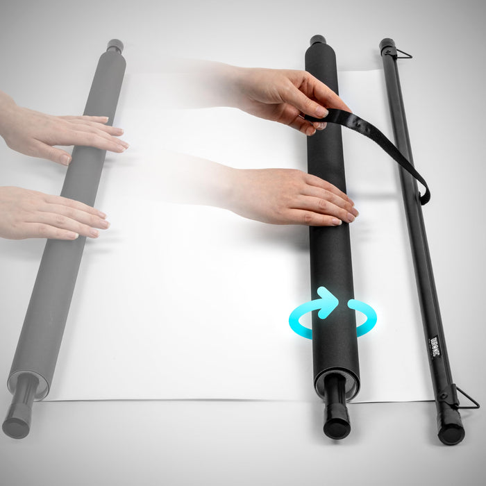 Duronic Bar Projector Screen with instructional graphic showing how to roll a white photography backdrop onto a black foam core tube and secure it with a hook-and-loop strap.