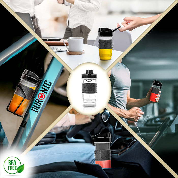 Duronic Blender Spare Bottle in a collage showcasing an office desk, a bike rack, a car cup holder, and at the gym. 