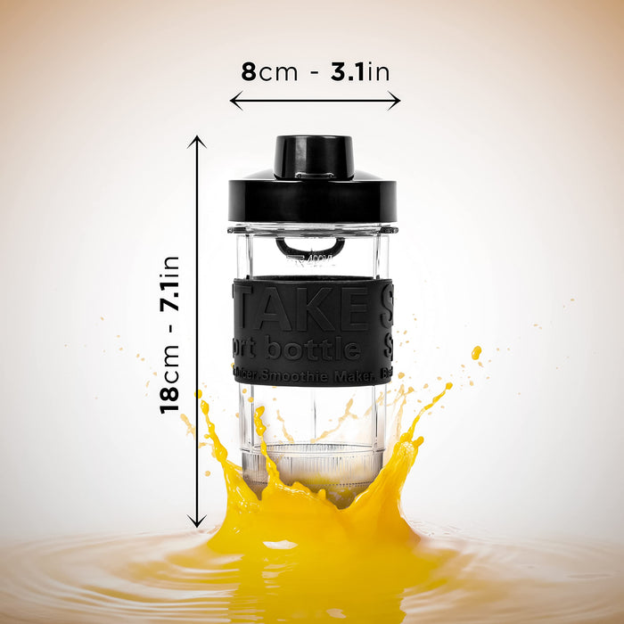 Duronic Blender Spare Bottle with a 18cm height and 8cm width shown splashing into orange juice.