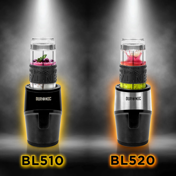 Duronic Blender Spare Bottle with the matte black BL510 and the stainless steel BL520, shown side-by-side with smoothies in portable sport bottles.