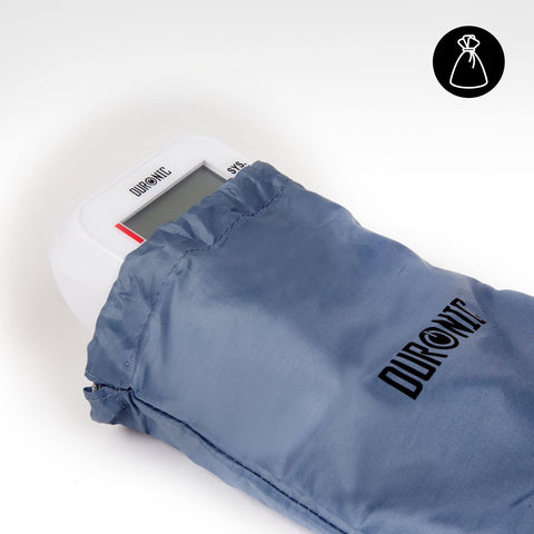 Duronic Blood Pressure Monitor being tucked into its matching blue drawstring storage pouch.
