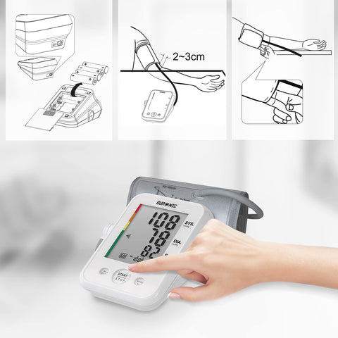 Duronic Blood Pressure Monitor position the arm cuff 2–3cm above the elbow, and operate a Duronic digital blood pressure monitor with a single touch.