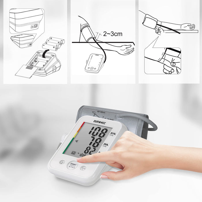 Duronic Blood Pressure Monitor position the arm cuff 2–3cm above the elbow, and operate a Duronic digital blood pressure monitor with a single touch.