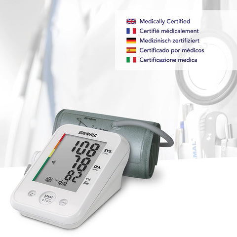 Duronic Blood Pressure Monitor  with an upper arm cuff displaying a reading of 108/78 mmHg and a pulse of 82.
