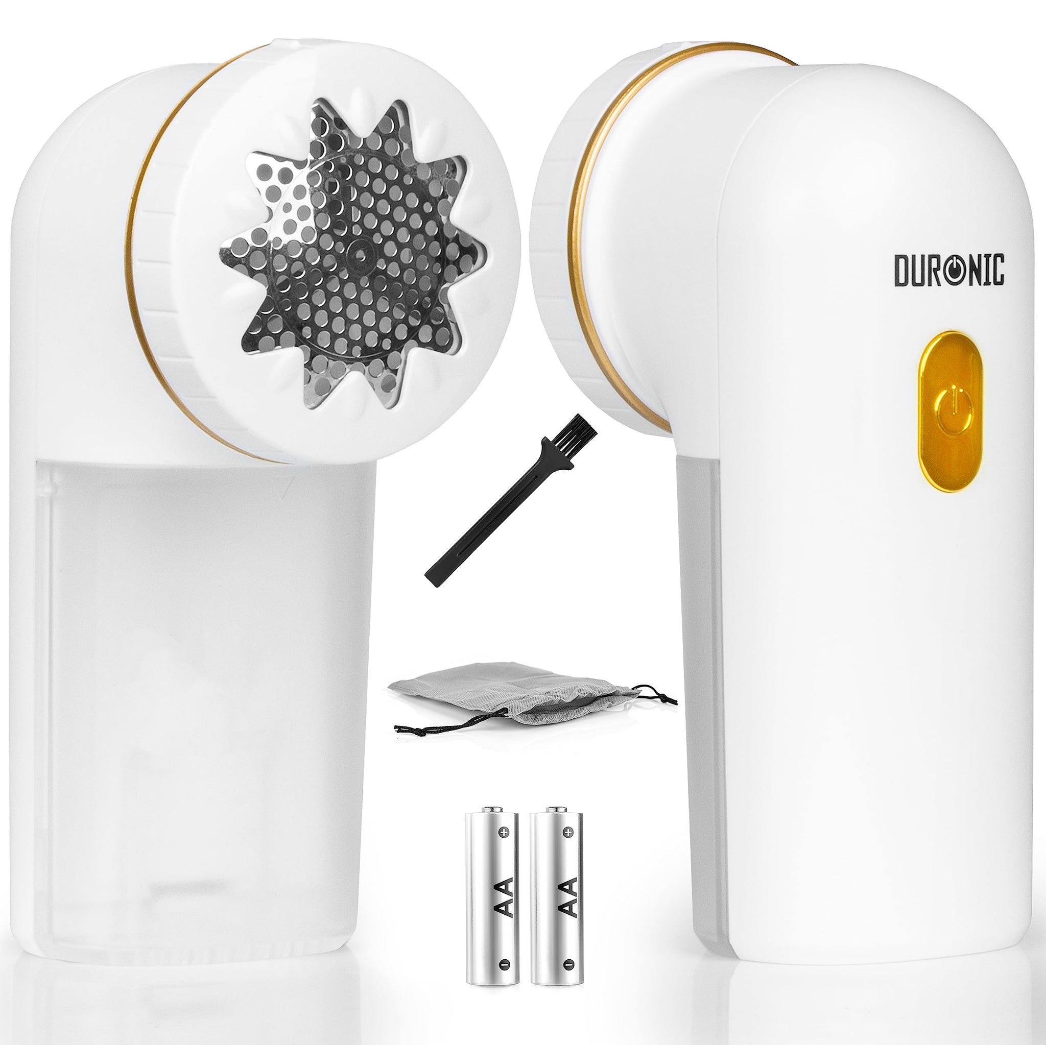 Duronic Bobble Remover featuring a white and gold lint remover, two AA batteries, a cleaning brush, and a drawstring storage pouch.