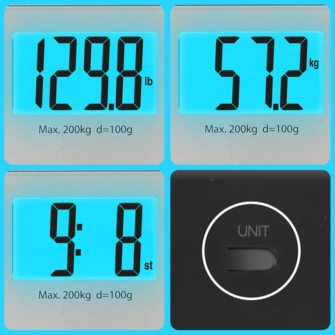 Duronic Body Scales showing weight in pounds, kilograms, and stones with a unit toggle button.