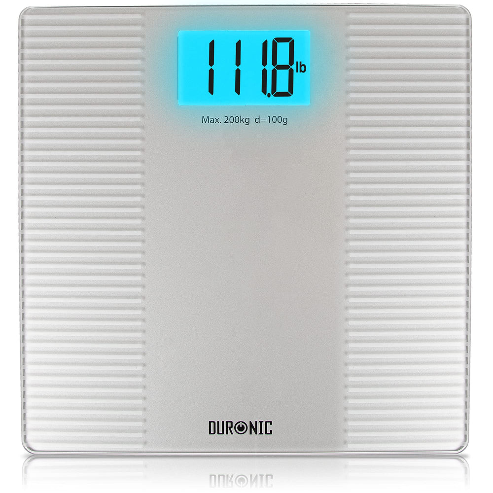 Duronic Body Scales with blue LCD display showing 111.8 lbs on glass surface.