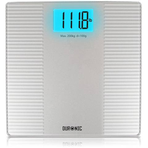 Duronic Body Scales with blue LCD display showing 111.8 lbs on glass surface.