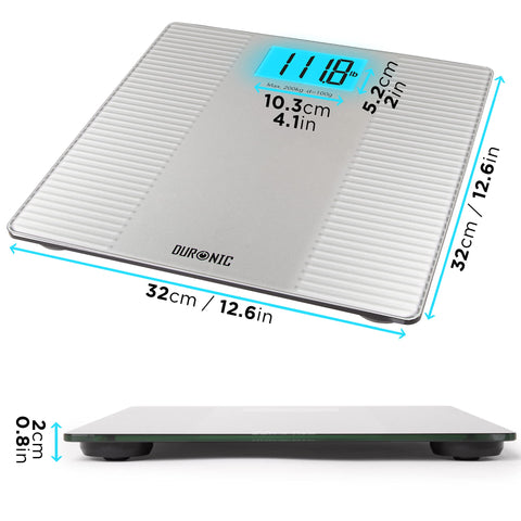 Duronic Body Scales with blue backlit display showing dimensions: 32cm square, 2cm thin.
