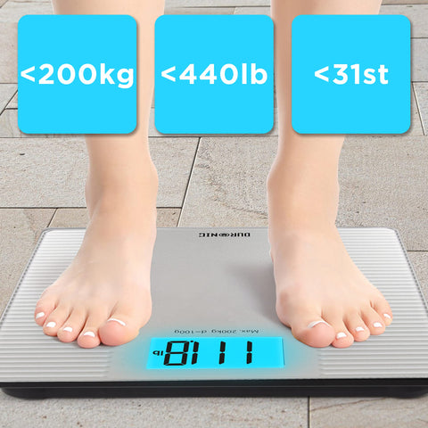 Duronic Body Scales with high capacity 200kg/440lb display, sleek glass design, and backlit LCD screen.