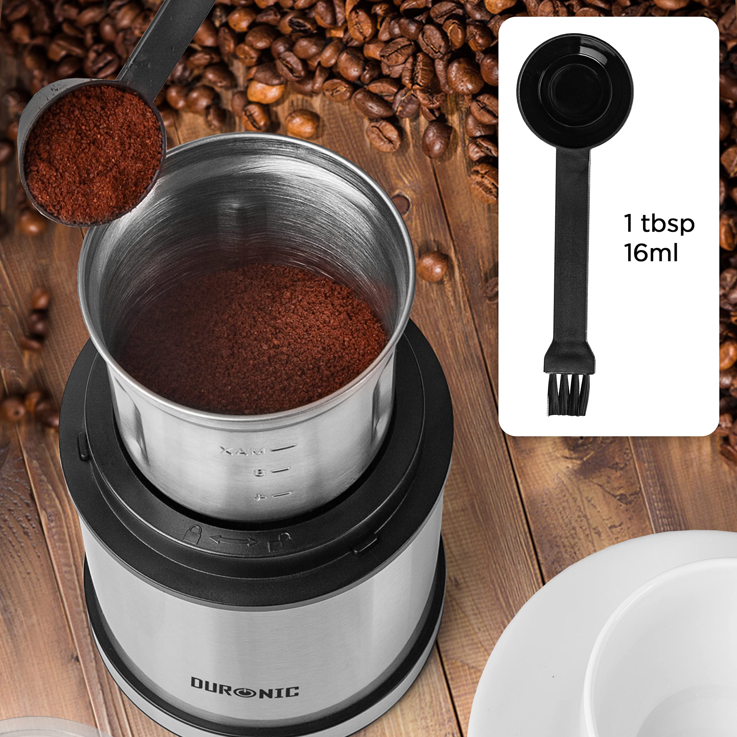 Duronic CG421 coffee spice grinder with dual ended measuring scoop and brush for accurate measurings easy cleaning