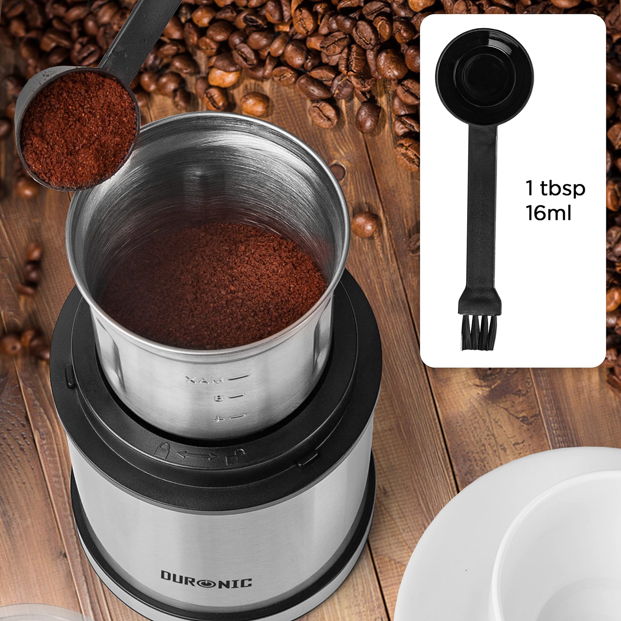 Duronic CG421 coffee spice grinder with dual ended measuring scoop and brush for accurate measurings easy cleaning