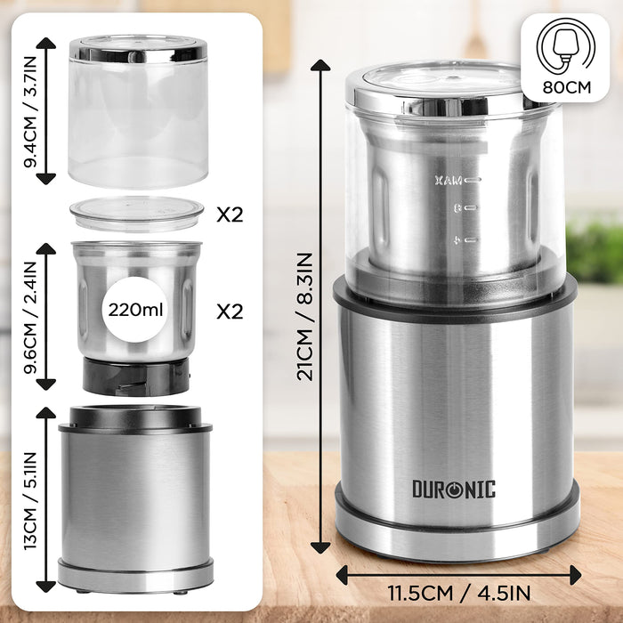 Duronic CG421 stainless steel coffee grinder spice grinder for herbs beans nuts spices dimensions and UK plug cable