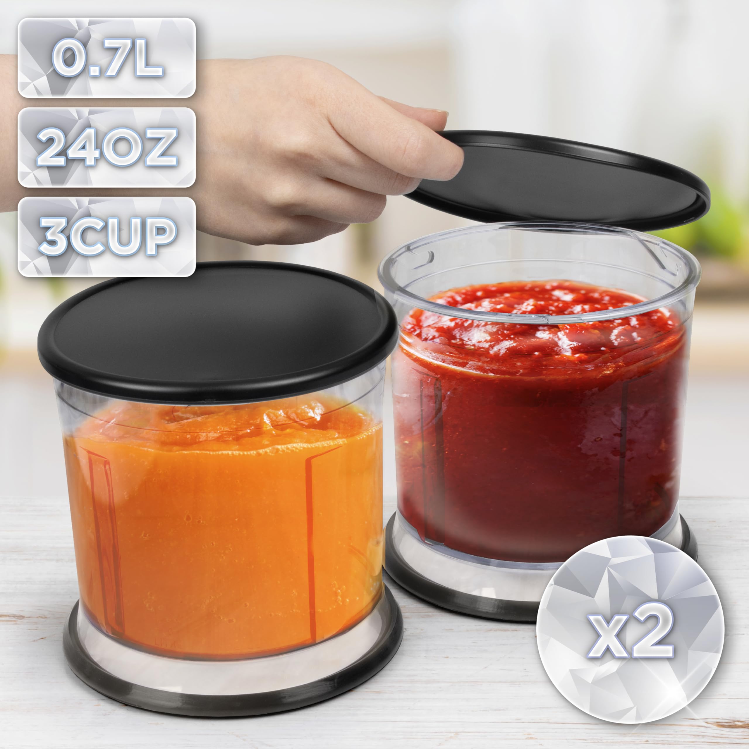 Duronic CH57 BK mini chopper with 2 cups of 0.7L capacity, filled with condiments