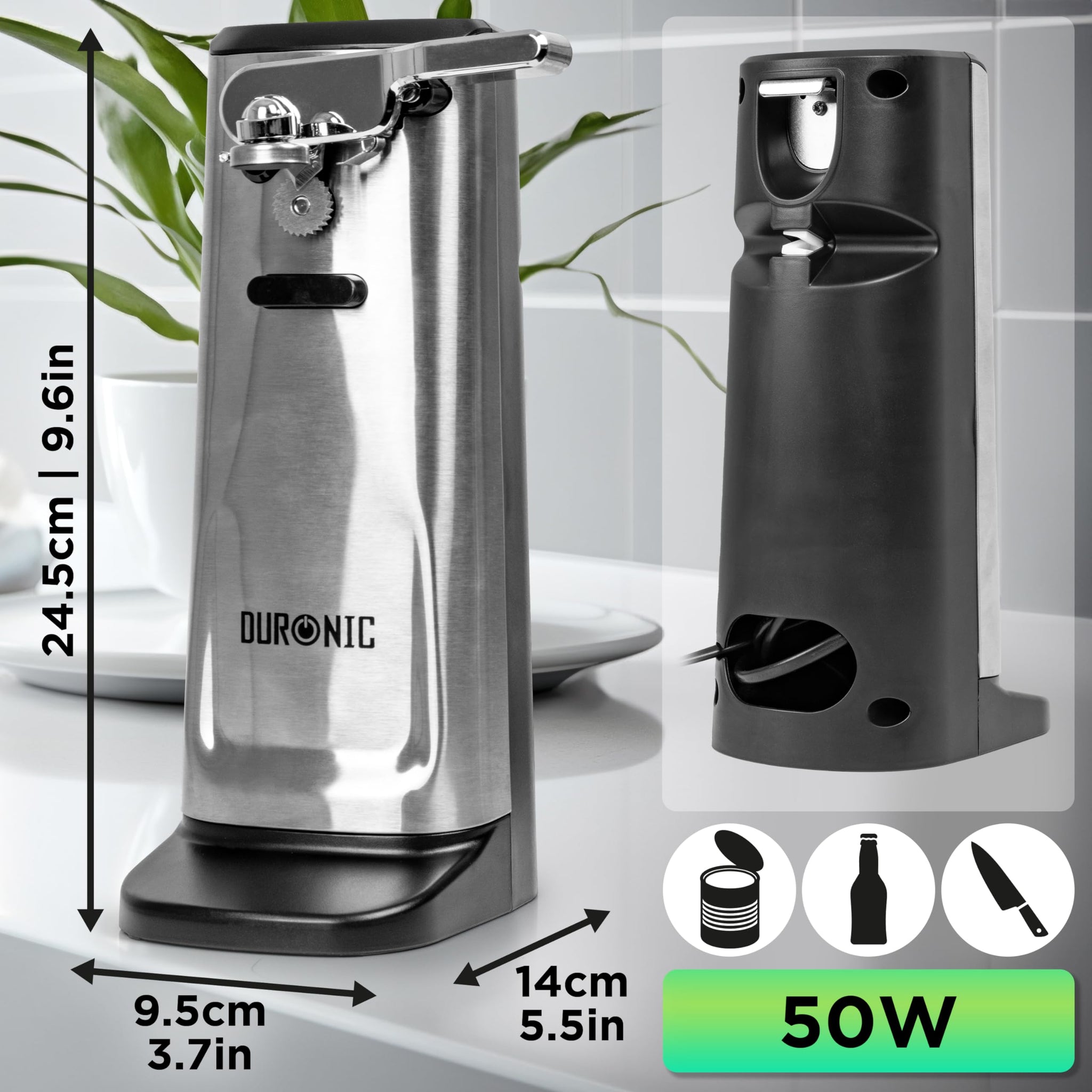 Duronic CO60 electric can opener bottle opener knife sharpener dimensions wattage 50W