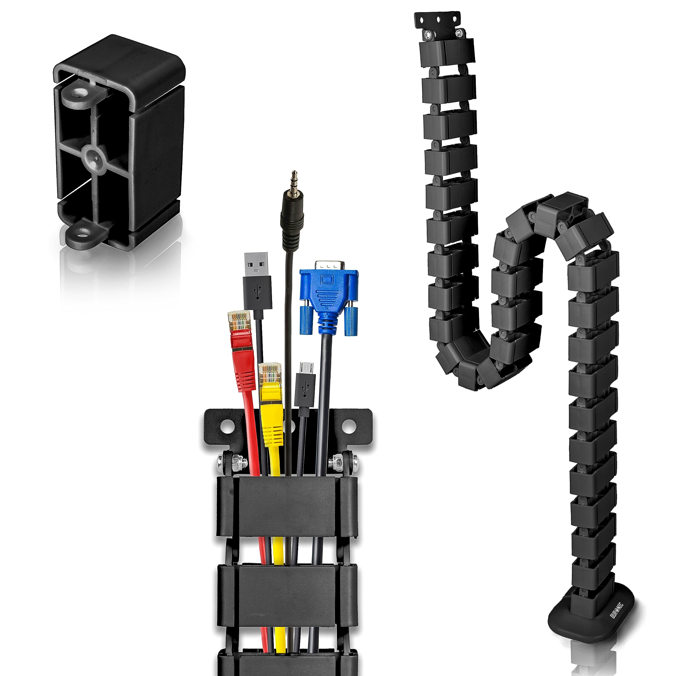 Duronic Cable Management Spine designed to organize and conceal wires from a desk to the floor, featuring a flexible, segmented design for height-adjustable desks.