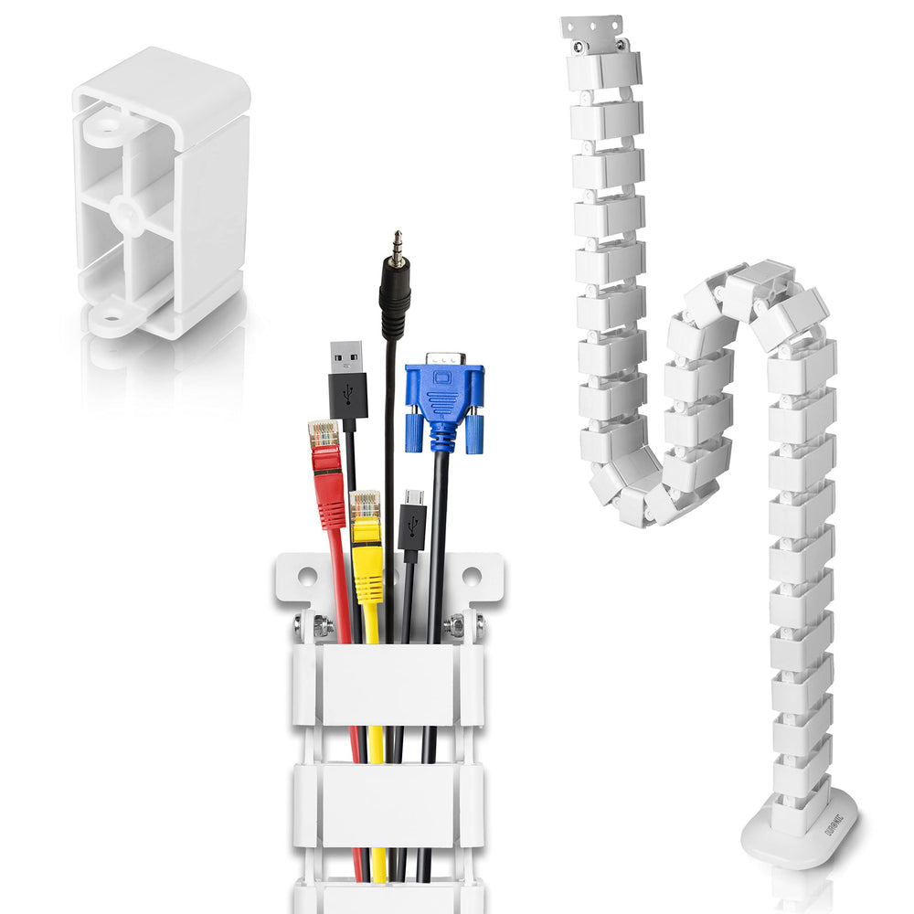 Duronic Cable Management Spine with a weighted base and mounting bracket designed to organize and conceal multiple computer and power cords for height-adjustable desks.