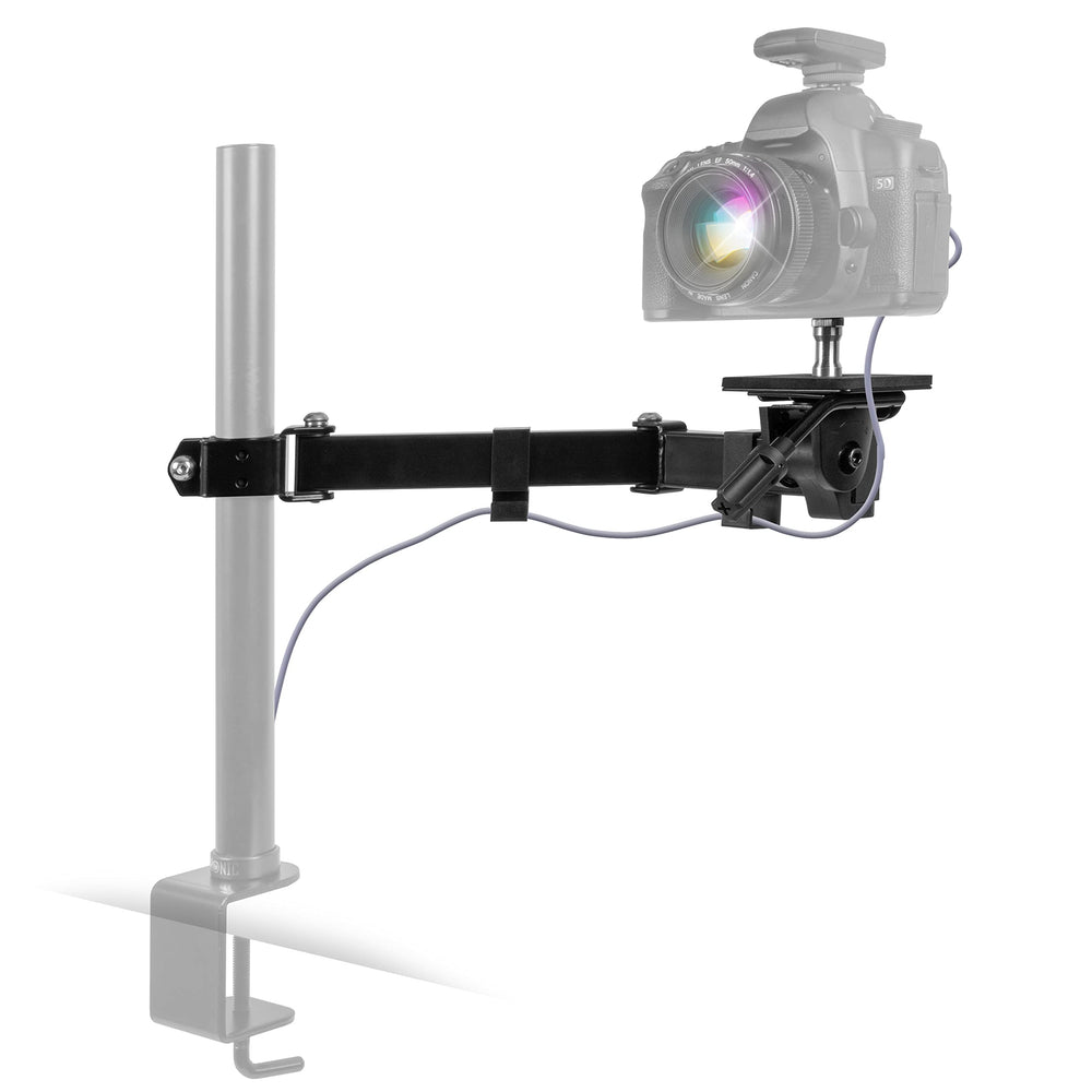 Duronic Camera Arm with articulated arm and C-clamp holding a professional DSLR camera.