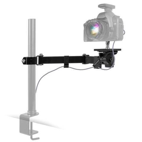 Duronic Camera Arm with articulated arm and C-clamp holding a professional DSLR camera.