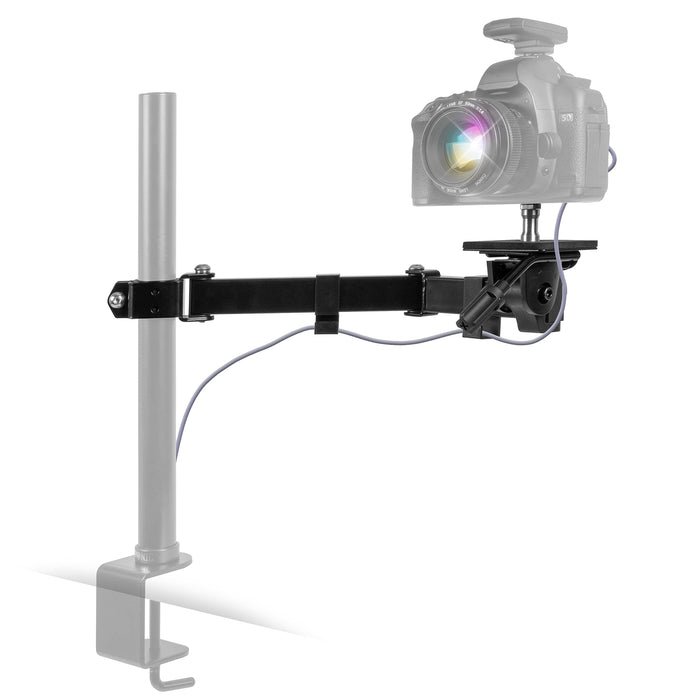 Duronic Camera Arm with articulated arm and C-clamp holding a professional DSLR camera.