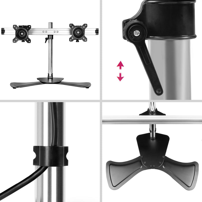 Duronic Computer Monitor Arms Stand features a height-adjustable crossbar, integrated cable management clips, and a stable