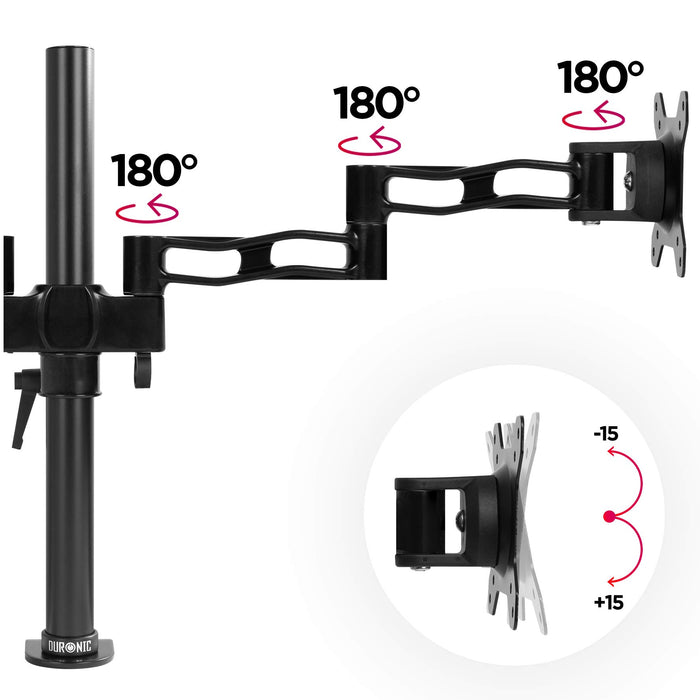 Duronic Computer Monitor Arms Stand featuring three 180° swivel joints and a VESA mount with a 15° tilt range for ergonomic screen positioning.