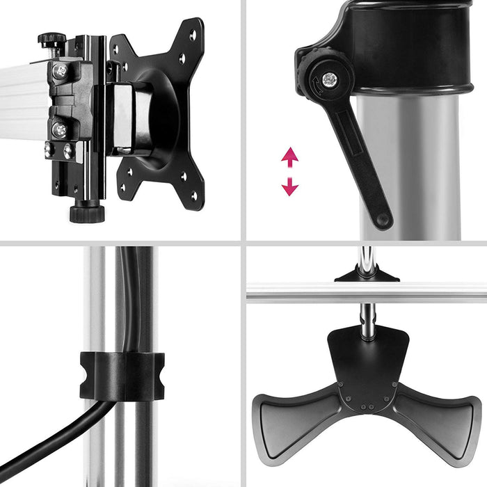 Duronic Computer Monitor Arms Stand with a VESA mounting plate, height-adjustable lever, integrated cable management clip, and a stable three-point base