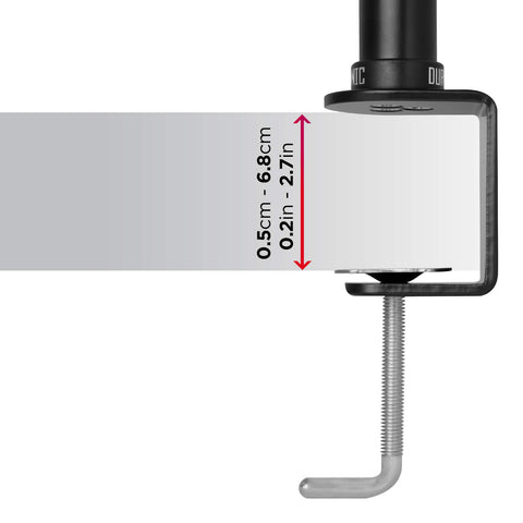 Duronic Computer Monitor Arms Stand with an adjustable screw, showing a desk thickness compatibility range of 0.5cm to 6.8cm (0.2in to 2.7in)