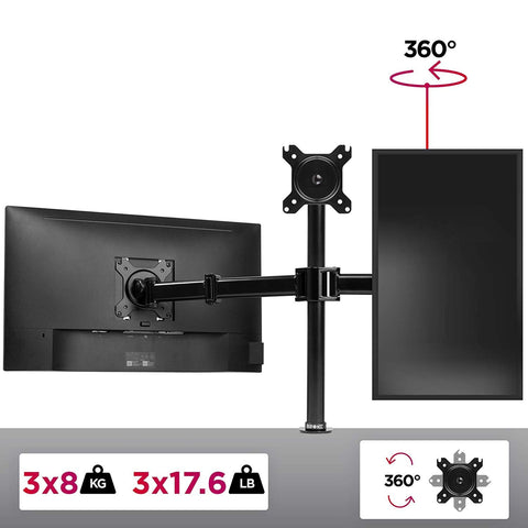 Duronic Computer Monitor Arms holding two screens, showing a 360-degree rotation and weight capacities.