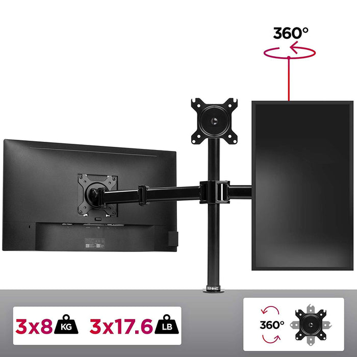 Duronic Computer Monitor Arms holding two screens, showing a 360-degree rotation and weight capacities.