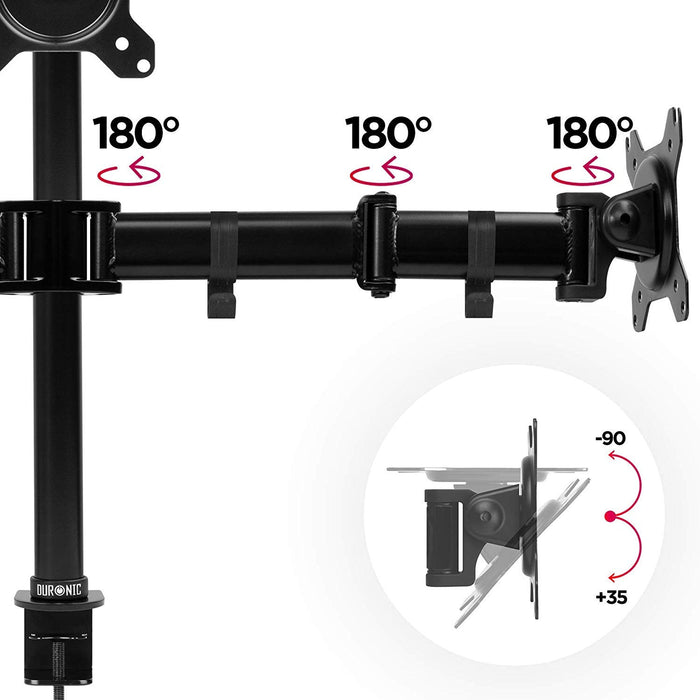 Duronic Computer Monitor Arms showing 180-degree articulation points and tilt range diagram.