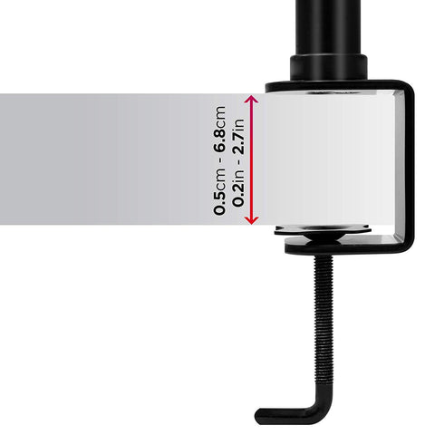 Duronic Computer Monitor Arms showing adjustable table thickness capacity from 0.5cm to 6.8cm.
