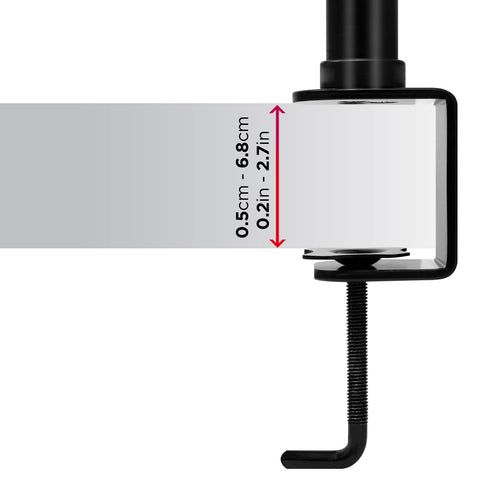 Duronic Computer Monitor Arms showing adjustable thickness range from 0.5cm to 6.8cm (0.2in to 2.7in).