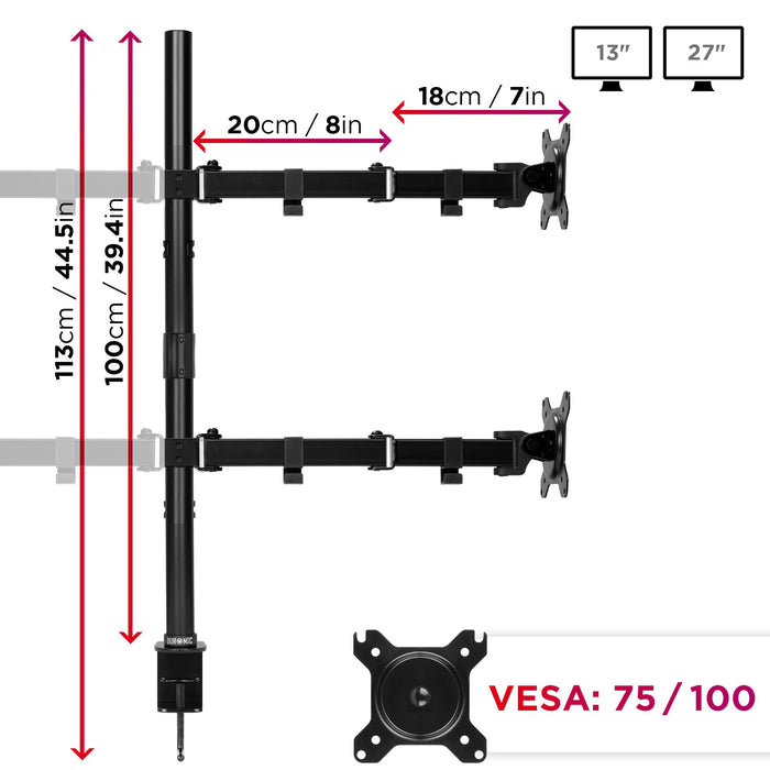Duronic Computer Monitor Arms with adjustable arms, 100cm height, and VESA 75/100 compatibility.