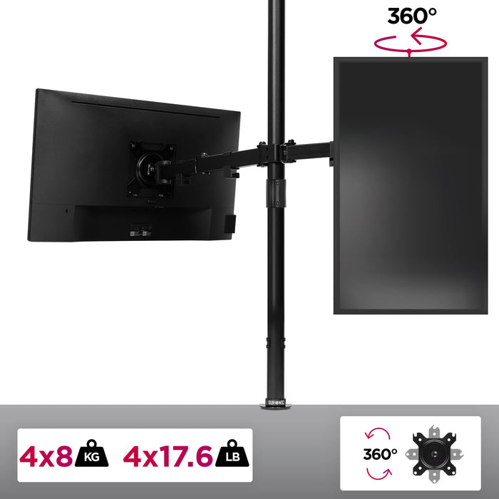 Duronic Computer Monitor Arms with adjustable arms, 360-degree rotation, and 8kg weight capacity per screen.