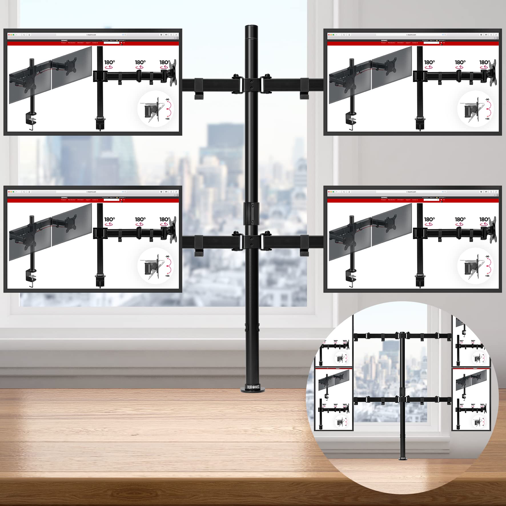 Duronic Computer Monitor Arms with adjustable arms for four computer screens in black.