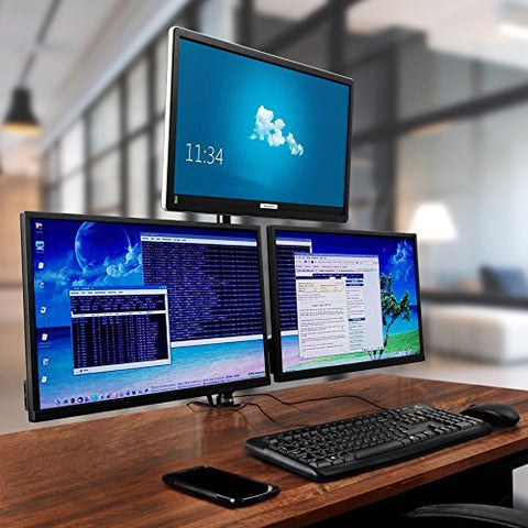 Duronic Computer Monitor Arms with keyboard, mouse, and smartphone on a wooden desk.