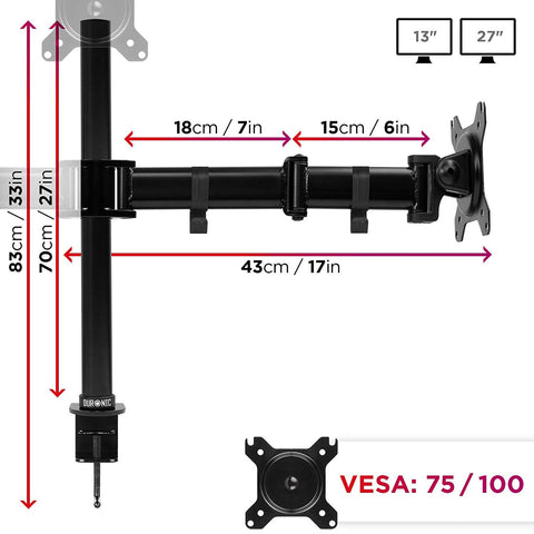 Duronic Computer Monitor Arms with measurements, VESA 75/100 compatibility, and screen size limits.