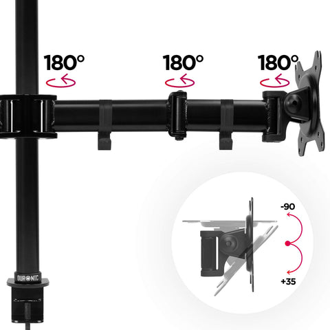 Duronic Computer Quad Monitor Arms showing 180-degree swivel arm joints and adjustable tilt angles.