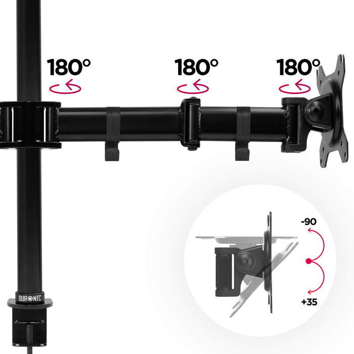 Duronic Computer Quad Monitor Arms showing 180-degree swivel arm joints and adjustable tilt angles.