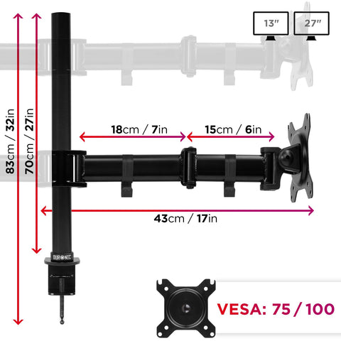 Duronic Computer Quad Monitor Arms showing adjustable heights, segment lengths, and VESA compatibility.