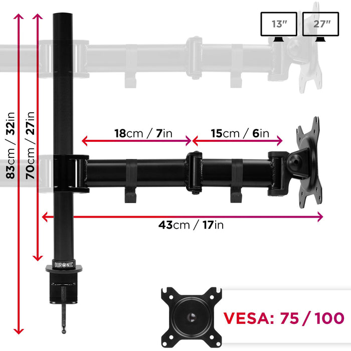 Duronic Computer Quad Monitor Arms showing adjustable heights, segment lengths, and VESA compatibility.