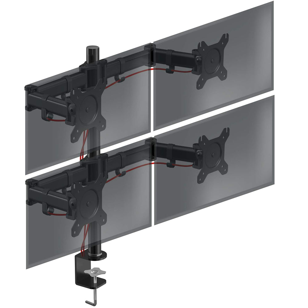 Duronic Computer Quad Monitor Arms with adjustable articulating arms supporting four screens in a grid layout.