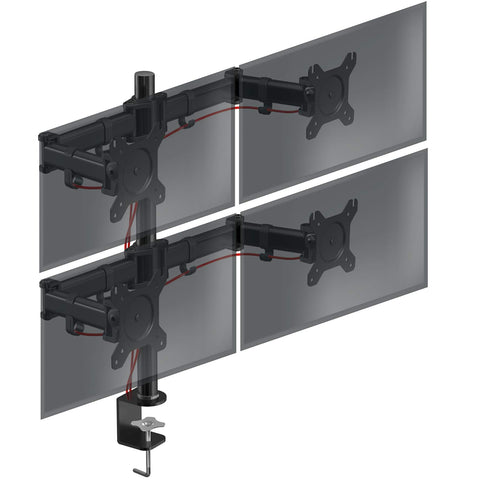 Duronic Computer Quad Monitor Arms with adjustable articulating arms supporting four screens in a grid layout.