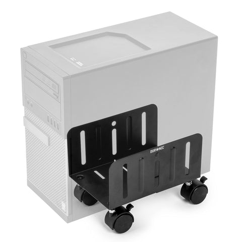 Duronic Computer Tower Stand with locking wheels and side brackets, shown holding a desktop computer tower to improve mobility and airflow.
